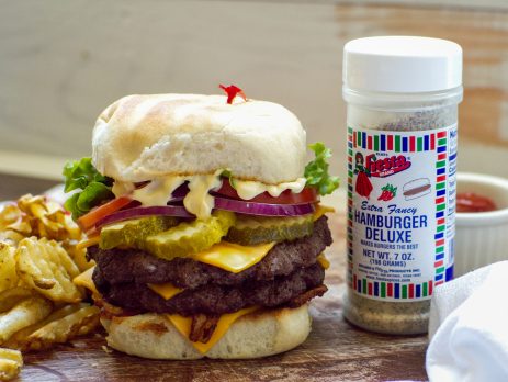 Double cheeseburger with lettuce, tomato, pickles, and Fiesta Hamburger Deluxe Seasoning.