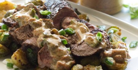 Blackened Venison Tenderloin w/ Spicy Brussels Sprouts & Cajun Cream Sauce
