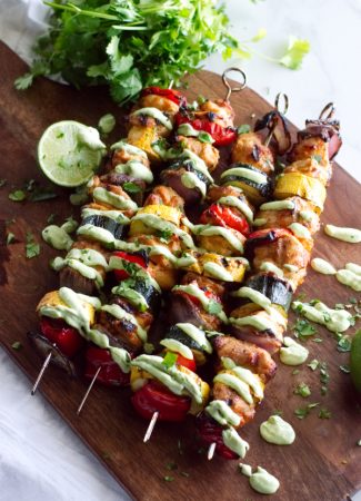 Yogurt Marinated Chicken Fajita Kebabs with Avocado Crema