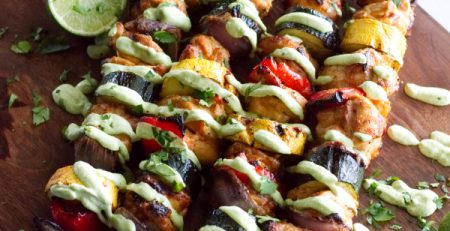 Yogurt Marinated Chicken Fajita Kebabs with Avocado Crema