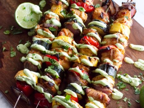 Yogurt Marinated Chicken Fajita Kebabs with Avocado Crema