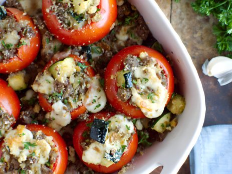 Cheesy Stuffed Tomatoes recipe prepared using Fiesta Brand Gourmet Italian Choice seasoning.