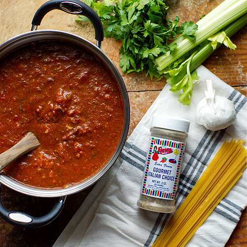 Large pot of spaghetti sauce prepared using Fiesta Brand Gourmet Italian Choice.