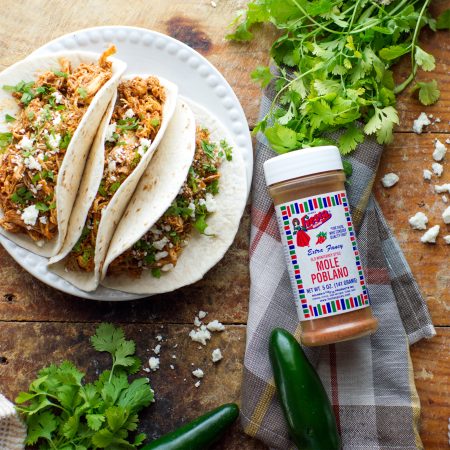 shredded chicken tacos made using Mole Poblano seasoning