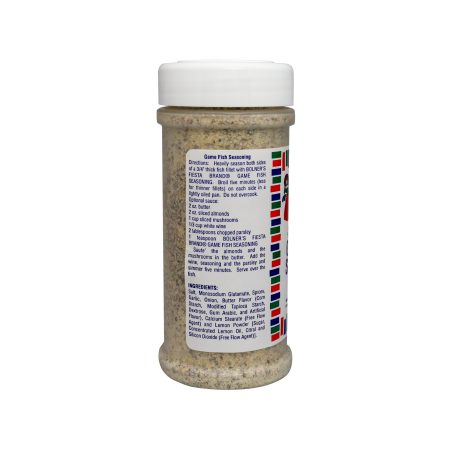 Medium size jar of Game Fish Seasoning 7 ounces side of jar showing recipe