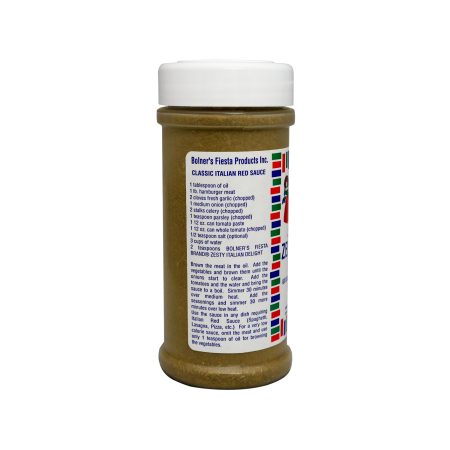 medium size jar of Bolner's Fiesta Brand Zesty Italian Delight two ounces side of jar showing recipe