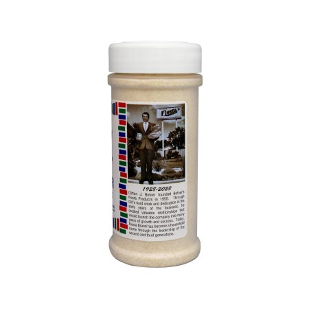 Medium size jar of Onion Powder four- and one-half ounces side of jar with company story