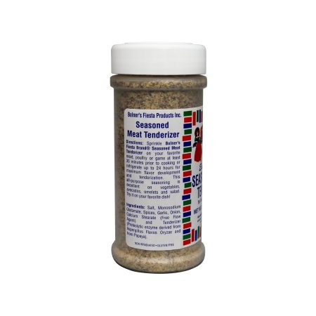 medium size jar of Seasoned Meat Tenderizer 7 ounces side of jar showing recipe